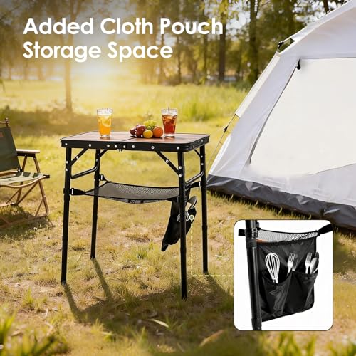 Folding Picnic Table 2ft Portable Camping Table with Extra Cloth Pouch Adjustable Heights Lightweight Aluminum Small Outdoor Card Table for Outside Indoor Camp Cooking BBQ - color: Wood Grain Pro