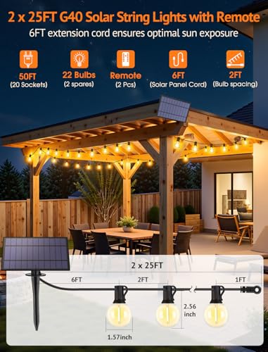 Larkvue 50FT(2x25FT) Solar String Lights Outdoor with Remote, Waterproof Dimmable 3 Modes Patio Lights with 20+2 LED G40 Bulbs for Cafe Bistro-Black - color: Black
