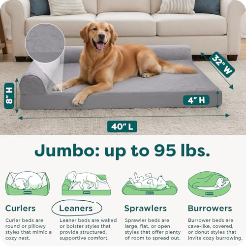 Furhaven Cooling Gel Dog Bed for Large Dogs w/ Removable Bolsters & Washable Cover, For Dogs Up to 95 lbs - Pinsonic Quilted Paw L Shaped Chaise - Titanium, Jumbo/XL - color: (Quilted Paw) Titanium, size: Jumbo
