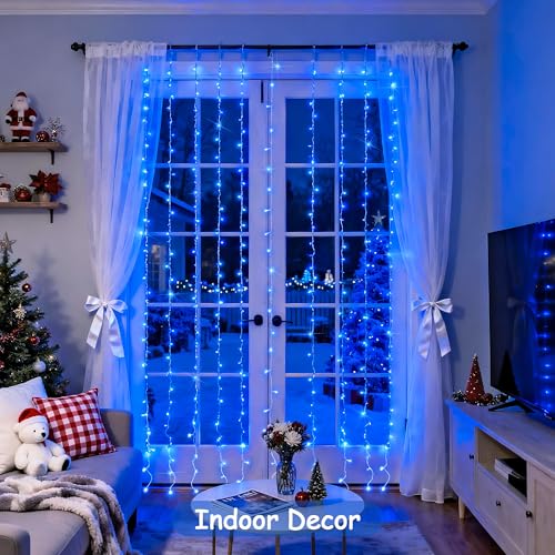 JMEXSUSS 300LED Curtain Lights, Blue Christmas Lights with Remote, Blue String Lights for Bedroom Wall Window Backdrop Garden Indoor Outdoor Pool Patio Yard Porch Decorations, 9.8x9.8ft - color: Blue, size: 300 LED