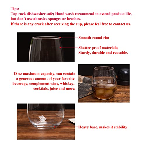 KOXIN-KARLU Classic 18-ounce Acrylic Stemless Wine Glasses, Unbreakable Mixed Drinkware Plastic Tumbler, set of 6 Clear - color: Clear