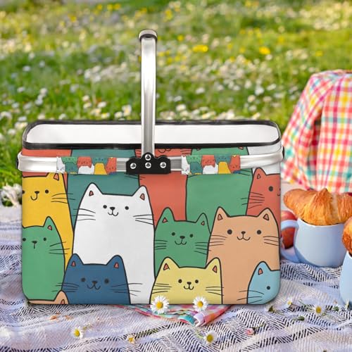 Picnic Basket, MARYHFENVA Shopping Basket with Handle 40L Collapsible Grocery Basket Portable Folding Basket for Marketing Reusable - color: Cat(style 2)