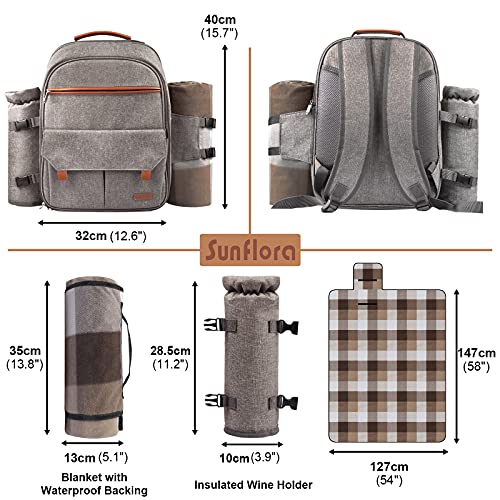 Sunflora Insulated Picnic Backpack for 2 Person Bag with Cooler Compartment, Blanket and Stainless Steel Cutlery Set for Couple, Lovers and Friends (Brush Beige) - color: Brush Beige, size: 2 person