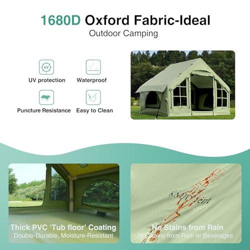 KNUO Inflatable Camping Tent, Large Blow-Up Air Tent, No Assembly Needed Luxury Glamping House, Oxford Fabric - color: Field Green-Dual-layer Doors, size: 10x7.2ft