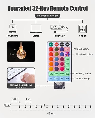 Minetom Crystal Globe String Lights - 33 ft 100 LED USB Color Changing Globe Ball Fairy Lights with Remote and Timer, Waterproof for Bedroom Tent Loft Bed Window Party, 16 Colors and Multicolor, RGB - color: 33 FT - 16 Colors + Multicolor