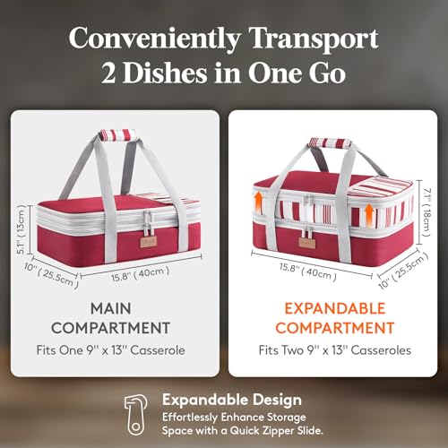 Lifewit Insulated Double Decker Casserole Carrier, Expandable Lasagna Lugger Tote Bag for Hot or Cold Food, Fits 9" x 13" Baking Dish for Potluck Parties, Picnic and Cookouts, Red - color: Red