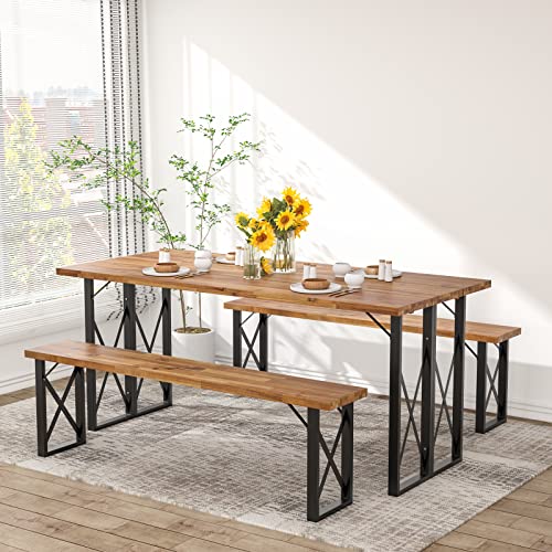 Giantex Outdoor Picnic Table Set with 2 Benches, Acacia Wood Patio Dining Set for 6 or 4 Persons, with 2” Umbrella Hole, 67” Large Rectangular Camping Table for Garden Lawn Yard 800 Lbs Capacity