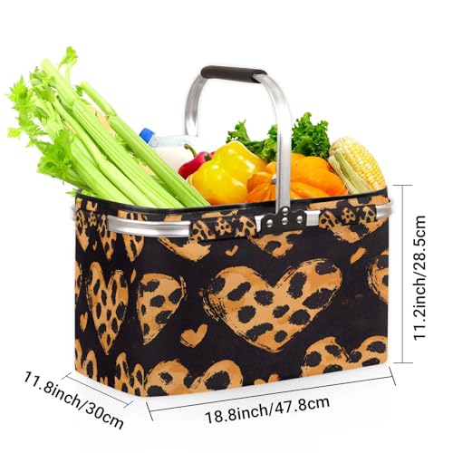 Romantic Leopard Print Love Heart Picnic Basket Large Collapsible Market Baskets Portable Reuasble Shopping Bags with Handles for Camping Beach Travel - color: Clear