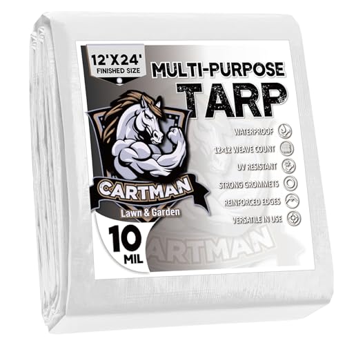 CARTMAN Finished Size 12x24 Feet 10 Mil White Heavy Duty Poly Tarp, Multipurpose Protective Cover, UV Resistant, Waterproof Poly Tarpaulin with Reinforced Edges Tarpaulin with Reinforced Edges - color: White/10mil, size: 12'×24'