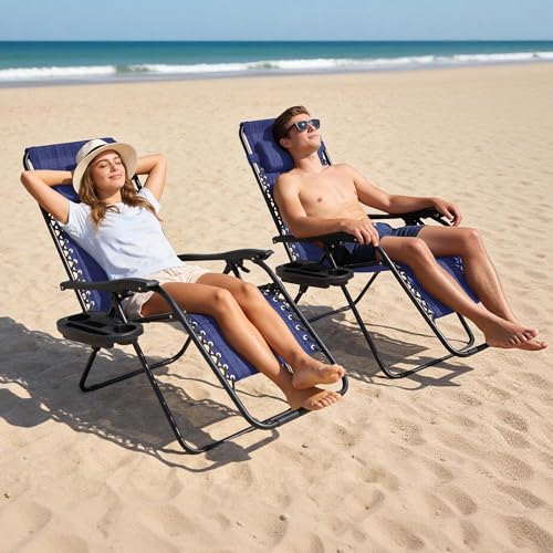 Zero Gravity Chair Set of 2 Oversized Folding Recliner, Padded Anti Gravity Lounge Chair with Adjustable Pillow & Cup Holder for Outdoor Camping, Patio, Poolside, Lawn (Blue) - color: Blue, size: 2 Pcs