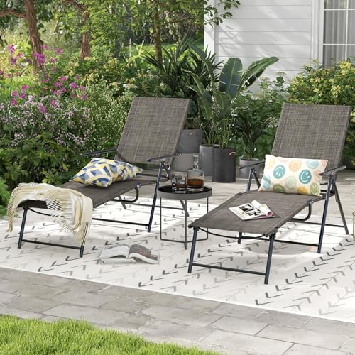 Giantex Lounge Chair Outdoor Set of 2 - Tanning Chair with 6 Adjustable Backrest, 2-Level Footrest, Folding Sunbathing Lounger for Patio, Poolside, Yard, Chaise Lounge Chair, Beach Chair (Brown) - color: Brown