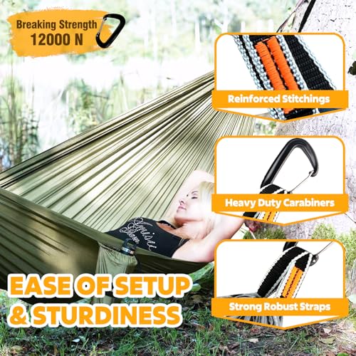 NATUREFUN Ultra-Light Travel Camping Hammock | 300kg Load Capacity,Breathable,Quick-Drying | 2 x Premium Carabiners,2 x Nylon Slings Included | Outdoor Indoor Garden - color: Army-green, size: 300x200cm