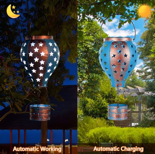 Hanging Solar Lantern,2-Pack Solar Powered Hot Air Balloon Lantern,Hanging Solar Lights Outdoor Waterproof for Lawn Porch Tree Garden Decorations - style: Blue Copper-2 Pack
