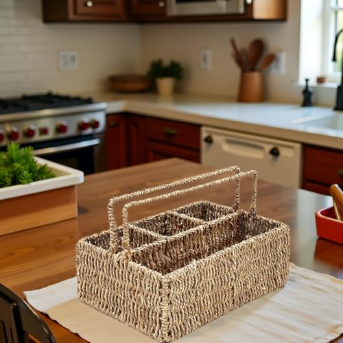 PEMAR Large L-Sized Hand Woven Utensil Caddy Carrier, Natural Jute Wicker Condiment Holder for Table, Kitchen Set Counter Top Silverware Organizer, Rustic Storage for Forks, Spoons, Seagrass