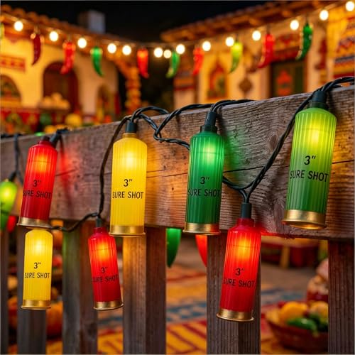 8.5Ft Multicolor Shotgun Shell String Lights Plug in, 10 LED Red Green Yellow Bullet Shape Lights, Connectable Hanging Bullets Lights for Patio Party Cinco de Mayo Mexican Fiesta Christmas Tree Decor - color: Red Green and Yellow Bullets