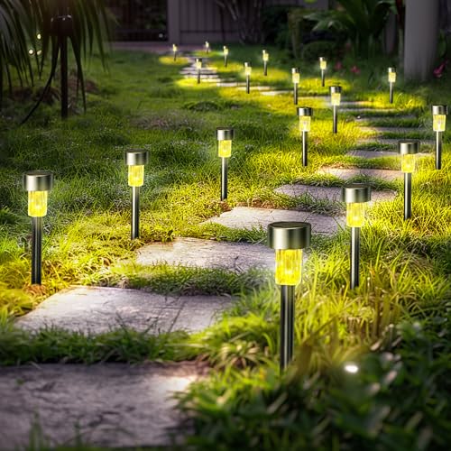 GIGALUMI 24 Pack Solar Path Lights Outdoor,Solar Lights Outdoor Waterproof,Stainless Steel LED Landscape Lighting,Solar Garden Lights for Driveway,Pathway,Patio,Yard - color: Warm White, size: 24 PACK