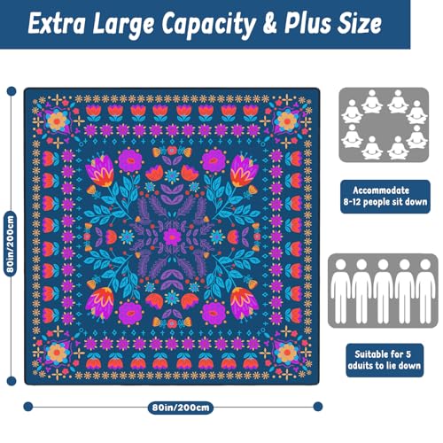 Picnic Blankets Waterproof Extra Large, 80"x 80" Outdoor Beach Blanket Sandproof Oversized Foldable Lightweight Portable 3-Layer Camping Mat for Parks,Hiking,Travel,Music Festival(Flowers) - color: Blue-purple, size: 6'8" x 6'8" (Square)