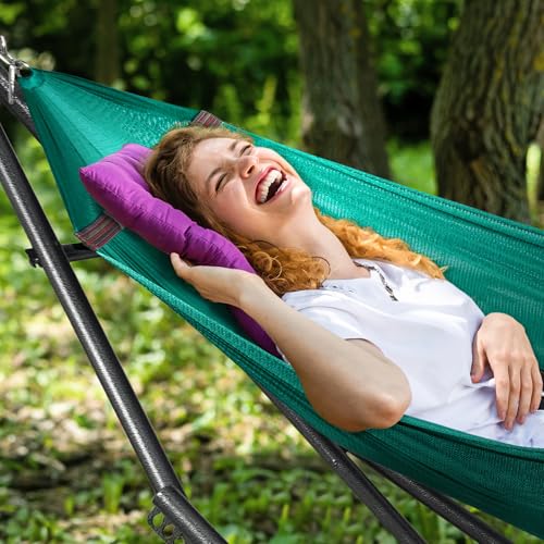 Tranquillo Double Hammock with Stand Included for 2 Persons/Foldable Hammock Stand 600 lbs Capacity Portable Case - Inhouse, Outdoor, Camping, Peacock - color: 1. Peacock