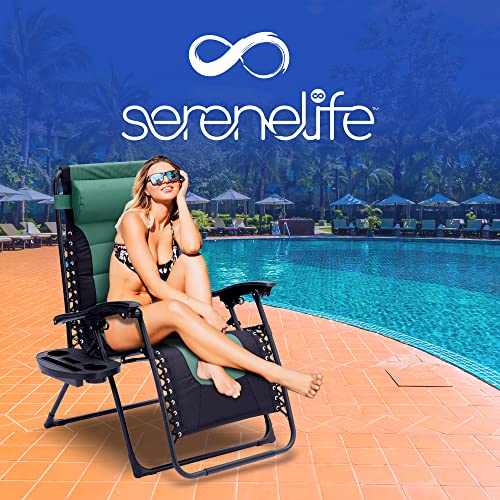 SereneLife Padded Zero Gravity Lounge Chair - Reclining Patio Chairs - Outdoor Lounge Chairs with Detachable Cup Holder Tray - Folding Recliner Chair with Removable Pillows - 1, Green and Black - color: Green