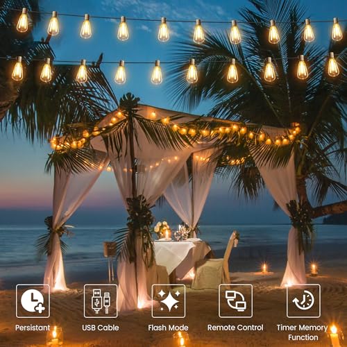 OHLUX 35FT Solar Globe String Lights Outdoor, Waterproof Solar Patio Lights with Remote, 17 Shatterproof LED Filament ST38 Bulbs, 2200K Soft White Dimmable Edison Hanging Lights for Gazebo Deck - color: Warm White, size: 10M