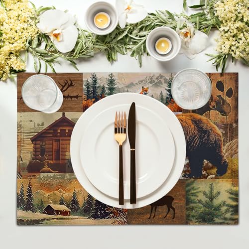 Rustic Lodge Placemats Set of 4，12x18 Inch Bear Deer Fox Cabin Country Brown Black Table Mats Heat Resistant Non-Slip Place Mat Kitchen Dining Room Party Decor Indoor Outdoor - color: Retro Cabin