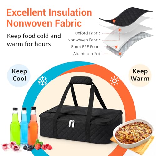 Insulated Casserole Carrier Portable Food Tote for Hot or Cold – Fits 9"x13" Baking Dish, Lasagna Holder for Parties, Picnic, Travel, Beach - Black - color: Black