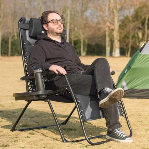 Zero Gravity Lounge Chairs - Set of 4 Oversized Reclining Patio Chairs with Adjustable Pillow & Cup Holder (500lbs Capacity, Black/Gray) - color: Black & Gray, size: X-Large/4 PCS