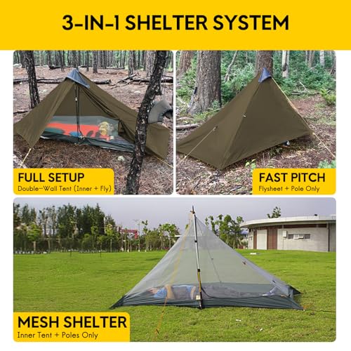 LANSHAN Ultralight Tent 3-Season Backpacking Tent for 1-Person or 2-Person Camping, Trekking, Kayaking, Climbing, Hiking - color: 1-person, khaki