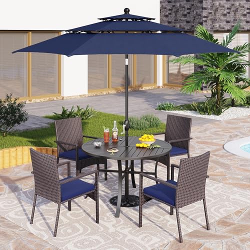 PHI VILLA 5 Pieces Outdoor Dining Set with Umbrella for 4, Round Metal Iron Dining Table & Wicker Chairs with Cushions & Large Blue Umbrella, Morden Dining Furniture for Patio, Deck, Yard, Porch - color: Navy Blue, size: 5PCS 42" Round Table
