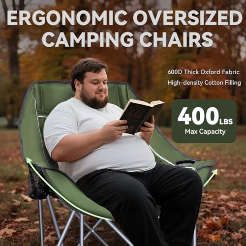 Oversized Camping Chairs for Adults Heavy Duty Folding Padded Portable Camp Chair with Cup Holder Storage Pocket XL Wide Seat for Outdoor Beach Lawn Picnic Fishing Sports Green Supports 400 lbs - color: Army Green