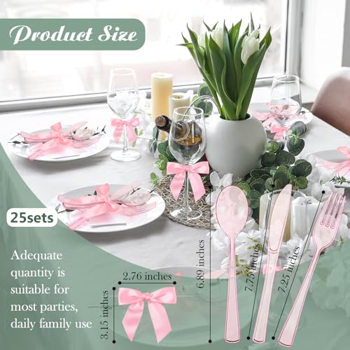 Minatee 25 Sets Pink Plastic Cutlery Set with Twist Tie Bows, Heavy Duty Tableware Disposable Pink Forks Knives and Spoons Silverware Utensils Set for Coquette Birthday Party Table Setting Picnics - color: Pink