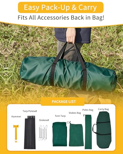 Camping Tarp with Poles, No Rope Tying 2-Step Setup, 11x18FT Waterproof 10-12 Person Tarp Shelter, 22ft² 2.6m Height 210D Oxford Family SUV Park Beach Outdoor Sun Shelter, Green - color: Green