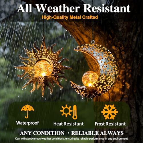Solar Hanging Sun and Moon Lights Garden Outside Decor,2 Pack Metal Lanterns Outdoor Sunflower Art Decorations for Porch Backyard Patio Wall Tree,Unique Gardening Gifts for Women Mom Grandma