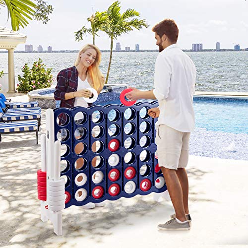Costzon Giant 4-in-A-Row, Jumbo 4-to-Score Giant Game Set for Kids & Adults, Indoor Outdoor Yard Connect Game, 3.5FT Tall with 42 Jumbo Rings & Quick-Release Slider, Perfect for Family & Party Games - color: Navy Blue/White