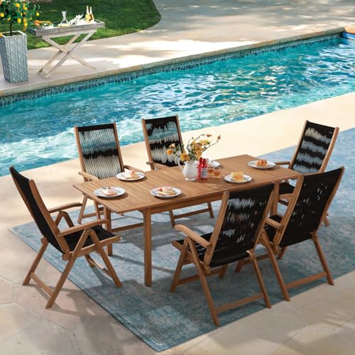 OC Orange-Casual 7 Pieces Patio Dining Set Outdoor Furniture with 6 Foldable Acacia Wooden and Rope Chairs and Large Table for Outdoor,Yard, Garden, Porch, Black - color: Black