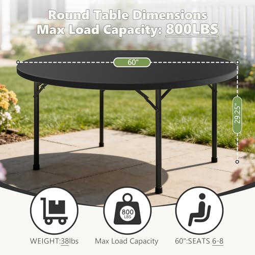 60" Folding Round Table, Plastic Dinner Table, Portable Folding Banquet Table for Living Room, Party or Outdoor Event, Black - color: Black, size: 60"