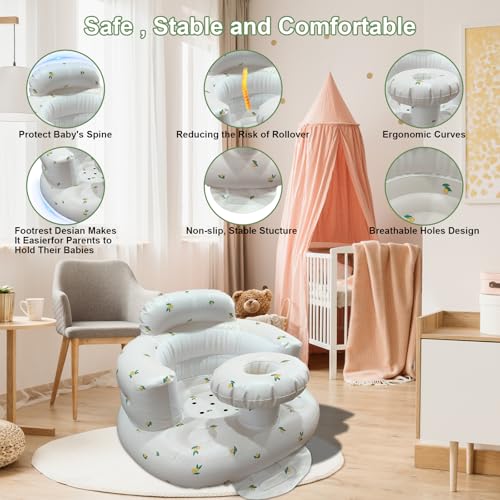 Inflatable Baby Seat for Babies 3-36 Months, Baby Chair with Fence & Built in Air Pump, Blow Up Floor Baby Seat with Back Support, Baby Chair Sit Me Up Olive-Tray - color: Yellow Olive-Tray