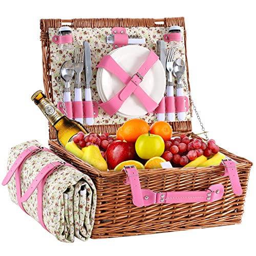 Wicker Picnic Basket for 4 with Waterproof Picnic Blanket and Insulated Cooler, Willow Hamper for Camping, Outdoors, Photoshoot, or a Birthday, Valentine’s Day, Wedding Gift, Pink - color: Pink Flower