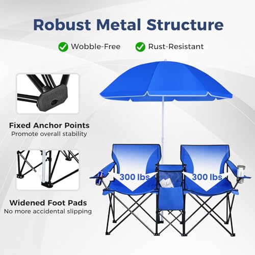 Goplus Double Camping Chair with Umbrella, Folding Loveseat Chairs w/Canopy Shade, Carrying Bag, Table, Cup Holder, Portable Beach Chairs Outdoor Picnic Patio (Blue) - color: Blue