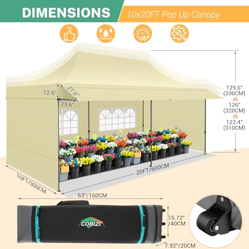 COBIZI 10x20 Pop Up Canopy Tent with Awning & Sidewalls, Heavy Duty Commercial 10X20 Canopy Tents Instant Waterproof, UPF 50+ Sun Shade for Outdoor, Parties, Markets (Khaki) - color: Khaki, size: 10x20FT with 4 Sidewalls & 1 Awning Cloth