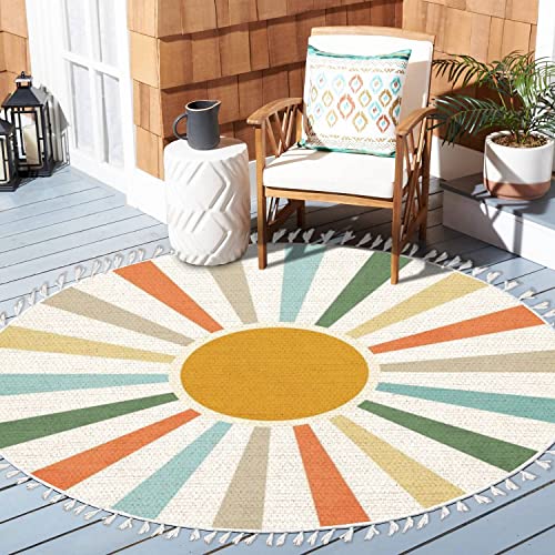 Round Rugs Colorful Rainbow Sun Boho Area Rug Linen and Cotton Carpet Meditation Rug Washable Runner Mat Accent Rug for Boys Girls Bedroom Living Room Bathroom Playroom Nursery Decor 3ft - color: Multi11, size: 3 ft