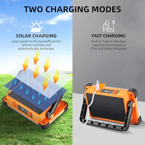 150W Solar Rechargeable Work Light, 180 LED 10000LM Portable Flood Light, IP65 Waterproof 3 Modes, with Stand, for Job Site Home Repair Camping Fishing Garage Workshop Emergency - color: Black