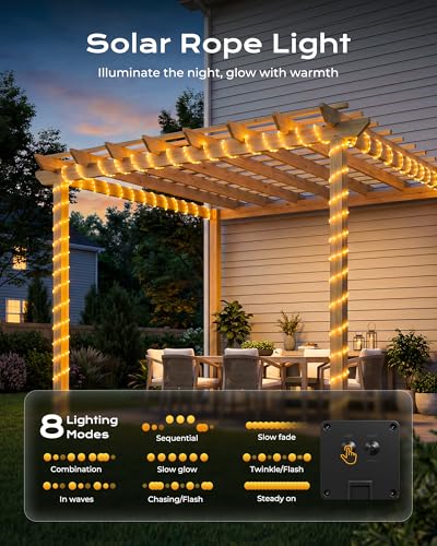 Brightown Solar Rope Lights, 2 Pack Total 78FT 200LED Warm White Solar String Lights Outdoor, IP65 Waterproof Solar Powered Fairy Lights with 8 Lighting Modes for Yard Garden Patio Tree Decoration - color: Warm White, size: 100 LED 2PACK