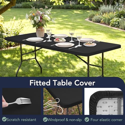 Fitted Tablecloths with Elastic - 2 Pack 5ft Folding Table Covers Rectangle, Reusable Dining Table Protector for Outdoor Picnic Party Camping, 30x60 Inch, Black - color: Black, size: 30x60 inch, 2 Pack