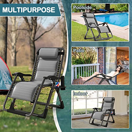 NAIZEA Padded Zero Gravity Chair, Cooling Fabric Folding Outdoor Lounge Chairs, Adjustable Reclining Camping Chairs with Cup Holder, Ergonomic Patio Lawn Chair for Balcony Beach Deck Yard - color: Ice Silk Gray, style: Zero Gravity Chair 2 Pack