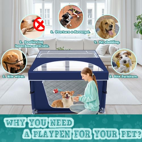 XVISHX 42x42 Inches Puppy Playpen with Cover&Dog Pads, Dog Playpen for Puppies or Small Dogs, Pet Playpen for Indoor & Outdoor, Sturdy Safety Dog Pen with Thickened Fabric - style: 42x42 IN WIth Cover&Pad