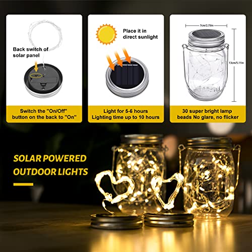 HXWEIYE 8 Pack Solar Mason Jar Lights Lanterns,Jars & Hangers Included，30LED Waterproof Hanging Outdoor Fairy Lights for Patio Garden Porch Yard Backyard Balcony Wedding(Warm White)