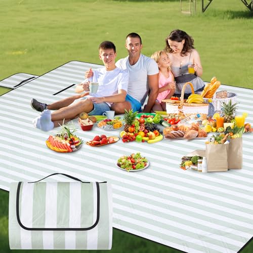 80" x 100" Extra Large Picnic Blankets Beach Mat Sandproof Waterproof Foldable Oxford Blanket Beach Mat Picnic Stuff for Family Camping Hiking Party Park Grass(Green and White,Stripe) - color: Green and White, style: Stripe