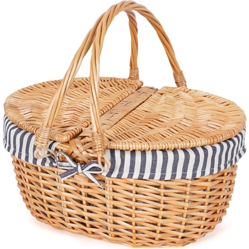 Happypicnic Wicker Picnic Basket with Handle, 15" Large Empty Picnic Basket with Lid & Removable Liner, Vintage Hand Woven Basket for Picnics, Camping, Veg Picking, Mother'S Day, Thanksgiving (Stripe) - color: Stripe, size: Large