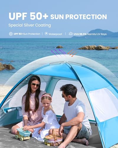 OutdoorMaster Beach Tent for 3/4/6/8 Person - Easy Setup Sun Shade Shelter, Portable Beach Shade Sun Canopy with UPF 50+ UV Protection, Removable Skylight Family Size - color: Blue, size: 3 Person